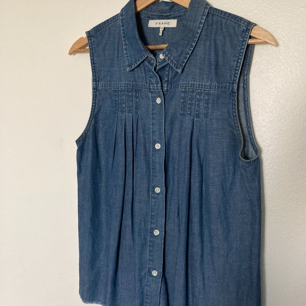 Frame Sleeveless Pleated Denim Shirt
